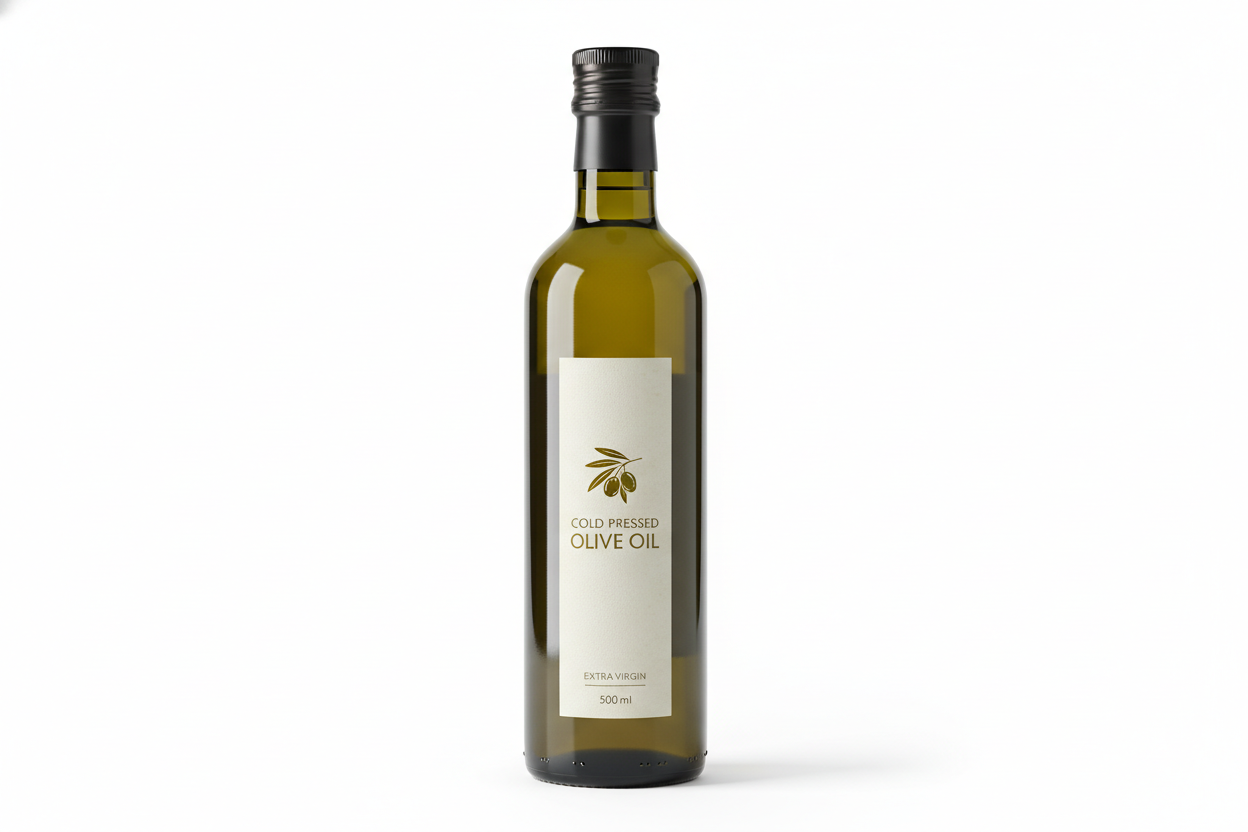 cold pressed olive oil, 500 ml glass bottle, elegant, professional shot, white background