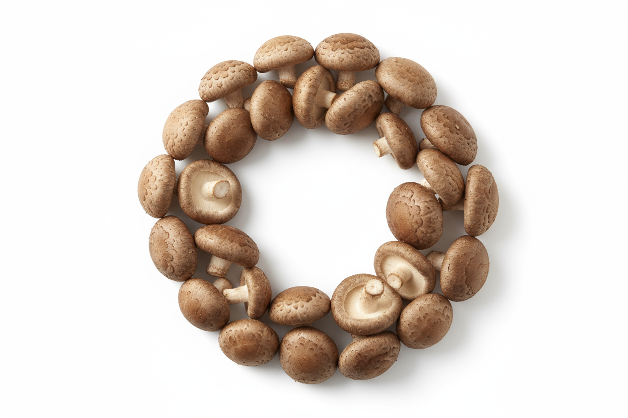 shiitake mushrooms, elegant, professional shot, white background, create a shot from top, circular proportion