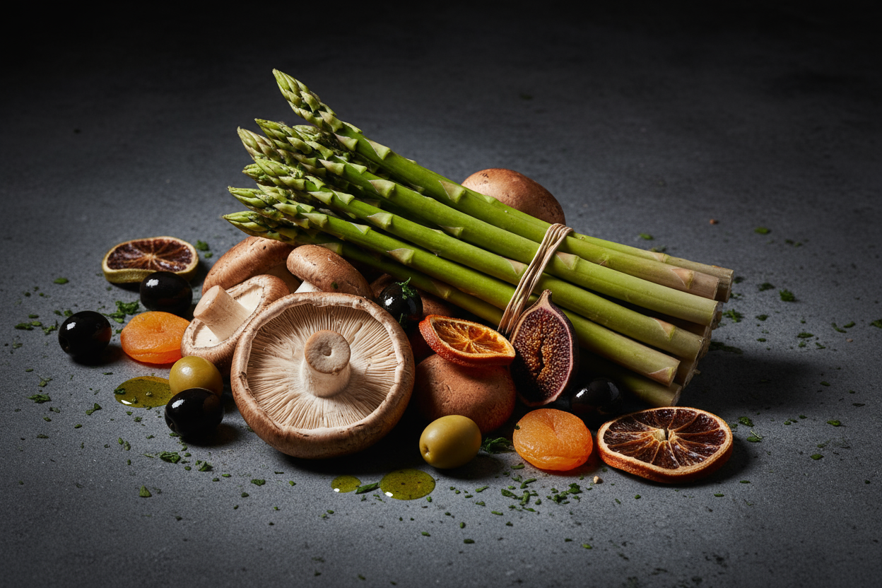 asparagus, mushrooms, olives, dried fruit slices, elegant, dark background, cinematic