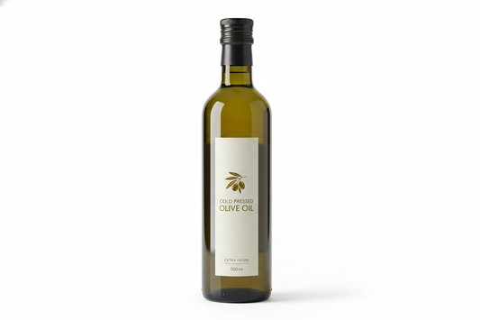 cold pressed olive oil, 500 ml glass bottle, elegant, professional shot, white background