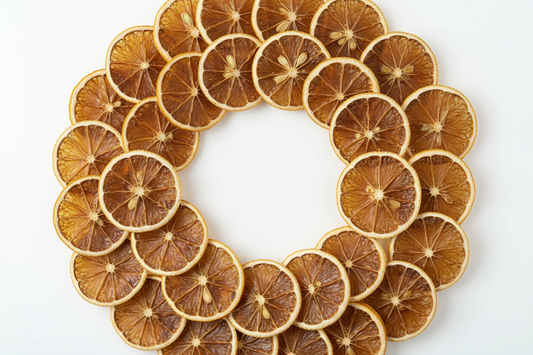dried sliced lemons, elegant, professional shot, white background, create a shot from top, circular proportion