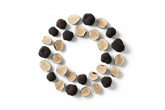 truffle mushrooms, elegant, professional shot, white background, create a shot from top, circular proportion
